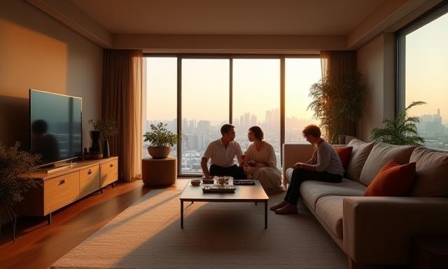 港区のリビングでSmart TVを使用している様子